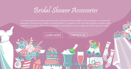 Bridal shower accessories banner vector illustration. Save the date. Wedding day. Marriage elements flower bouquet, dress, glass with champagne, cake, gloves, shoes, garters bells veil ringsのイラスト素材