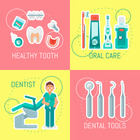 Dentistry set of banners vector illustration. Dental clinic, oral care. Set of dental tools and equipment. Friendly smiling male dentist. Orthodontics. Healthy clean teeth. Examination chair.のイラスト素材