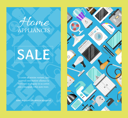 Electronic household appliances set of banners vector illustration. Kitchen and home equipment for house. Washing machine, vacuum cleaner, microwave oven, kettle, TV set, iron.のイラスト素材