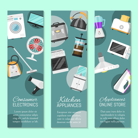 Electronic household appliances set of banners vector illustration. Kitchen and home equipment for house. Washing machine, vacuum cleaner, microwave oven, kettle, TV set.のイラスト素材
