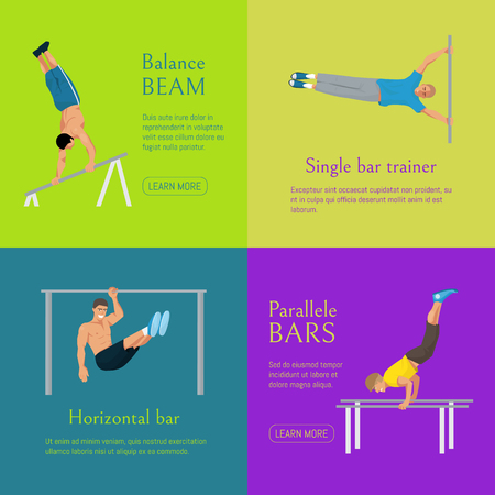 Male gymnast banner vector illustration. Competitive gymnastic. Horizontal bar. Parallel bars. Balance beam. Athlete man. Exercising men in different poses. Boys are training in sport club.のイラスト素材