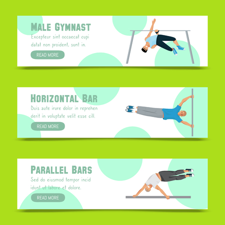 Male gymnast set of cbanners vector illustration. Competitive gymnastic. Horizontal bar. Parallel bars. Balance beam. Athlete man. Exercising men in different poses. Boys are training in sport club.のイラスト素材