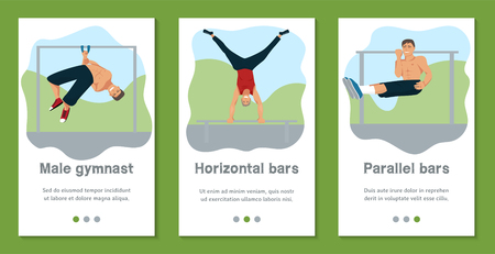 Male gymnast set of banners vector illustration. Competitive gymnastic. Horizontal bar. Parallel bars. Balance beam. Athlete man. Exercising men in different poses. Boys are training in sport club.のイラスト素材