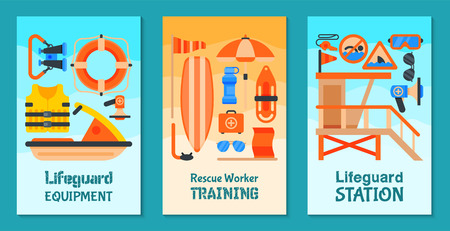 Lifeguard equipment set of cards vector illustration. Rescue worker station. Lifeguard training. Supplies such as life vest, chair, flag, whistle, megaphone, rescue can, board, glasses binocularsのイラスト素材