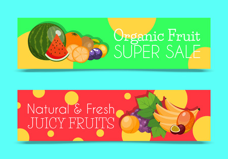 Fruit set of banners for fresh product or fruit farm market. Organic and natural food vector illustration. Banana, watermelon or melon, plum, orange, grapes, kiwi, mango, apple.のイラスト素材