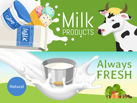 Fresh dairy products concept banner vector illustration. Organic, quality food. Great taste and nutritional value. Farm animal milk, ice cream and cottage cheese. Stable with trees. Always fresh.のイラスト素材