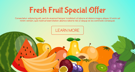 Fresh fruit special offer banner with fruits such as orange, watermelon, banana, kiwi, grapes, plum, pear, peach, mango, apple vector illustration. For Promotions. Summer sale.のイラスト素材