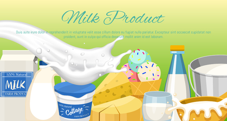Fresh dairy products concept banner, poster vector illustration. Organic, quality food. Great taste and nutritional value. Farm animal milk, ice cream and cottage cheese.のイラスト素材