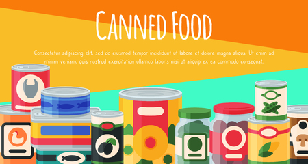 Canned food poster vector illustration. Vegetable product tinned container metal packaging. Soup conserve package can. Healthy goods grocery meal. Canning tinned steel lid shop vegetarian.のイラスト素材