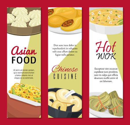 Chinese street, restaurant or homemade food ethnic menu banner vector illustration. Asian dinner dish plate. Traditional spicy appetizer snack poster. China cooking market or food festival culture.のイラスト素材