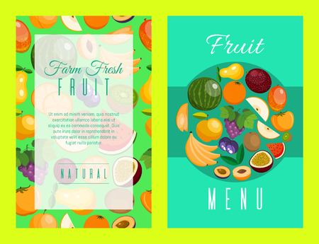 Fruit set of cards for fresh product or fruit farm market. Organic and natural food vector illustration. Banana, watermelon or melon, plum, orange, kiwi, mango,のイラスト素材