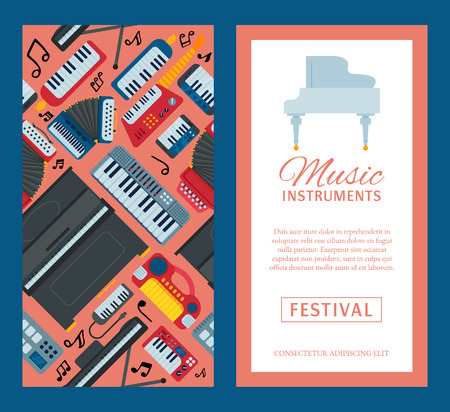 Music keyboard instrument playing synthesizer equipment banner design vector illustration. Harmony performance entertainment electric piano poster. Instrumental song orchestra guitar.のイラスト素材