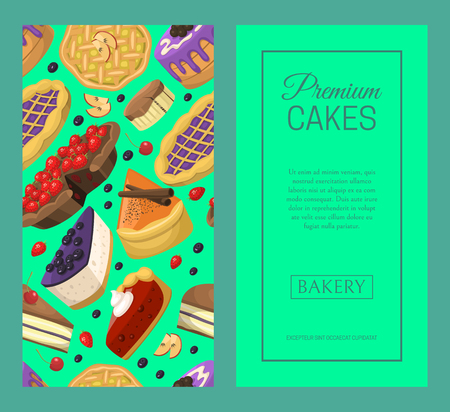 Cake shop set of banners or cards vector illustration. Chocolate and fruity desserts for cake shop with cupcakes, cakes, pudding, berry biscuits, whipped cream, beries glaze and sprinkles.のイラスト素材
