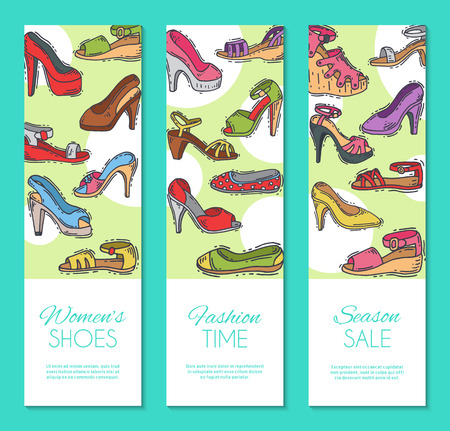 Woman shoes elegant high pair footwear banner vector illustration. Stiletto fashionable girl heel poster. Trend different style legs accessory background.のイラスト素材