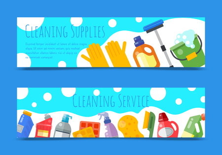 Cleaning supplies banner household bottle plastic liquid detergent product vector illustration. Cleaner disinfect equipment packaging. Cleanup care housekeeping fluid container. Housework tools.のイラスト素材