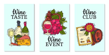 Wine taste club cards vector illustrations glass wine grape bottle. Tasting events menu. Vector alcohol drink background traditional food champagne. Wineglass business celebrate invitation.のイラスト素材