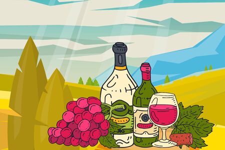 Wine table with snacks mountains nature landscape vector illustrations glass of wine grape bottle. Tasting events menu. Vector alcohol drink background traditional food champagne.のイラスト素材