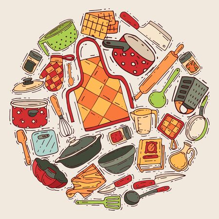 Cooking equipment round pattern vector kitchenware or cookware for food with kitchen utensil cutlery and plate illustration. Dishware and frying-pan househol culinary background. House appliance.のイラスト素材