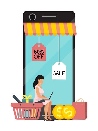 Shopping woman mobile online on website or mobile application vector concept marketing and digital marketing. Smartphone market customer service delivery. Screen purchase.のイラスト素材