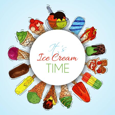 Ice cream round pattern summer natural fresh and cold sweet food vector illustration. Healthy homemade tasty dairy cone delicious strawberry vanilla gelato frozen icecream. Dessert fruit cool product.のイラスト素材