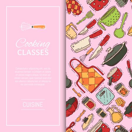 Cooking classes equipment banner vector kitchenware or cookware for food kitchen utensil cutlery and plate illustration. Dishware and frying-pan or pot househol culinary. Different house appliance.のイラスト素材
