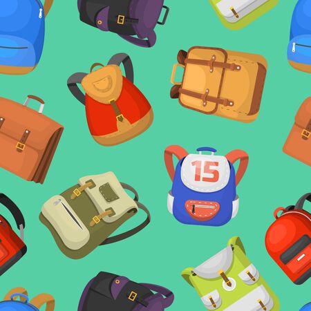 Cartoon kids school bags backpack Back to School rucksack set illustration seamless pattern backgroundの写真素材