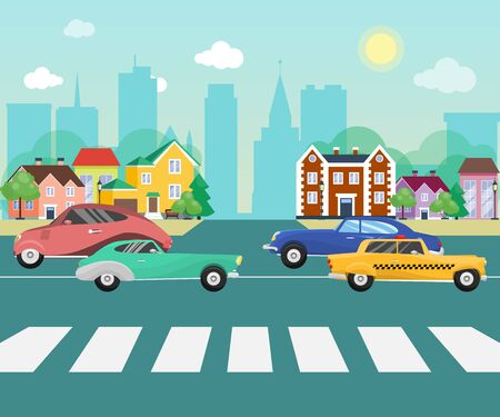 Cars on the road streets of suburb on the background big city with skyscrapers. Cityscape with cars and other vehicles vector illustration. Retro vehicles on the little town street.のイラスト素材