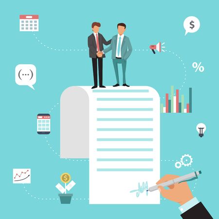 Two businessmen are shaking hands after agreement contract. Hand signs a contract. Two business men are standing at the top of contract vector illustration. Business agreement conceptのイラスト素材