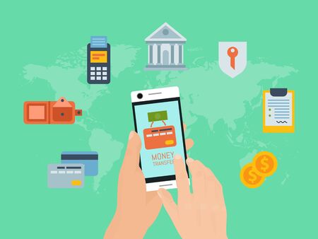 Mobile payments via phone vector illustration. Hands are holding smartphone and making a finance transaction. Online bankingのイラスト素材