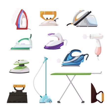 Iron ironing electric household appliance steamer of laundry housework illustration irony housekeeping set of hot irony steam equipment isolated on white backgroundのイラスト素材