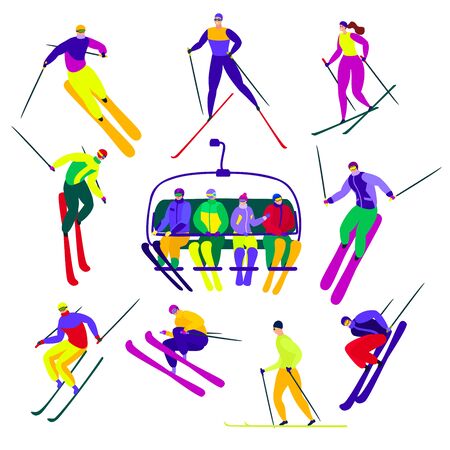 Skier active people characters skiing with ski poles on slopes. Illustration set of extreme man, woman lifting together on ski resort isolated on white background. Winter activity.のイラスト素材