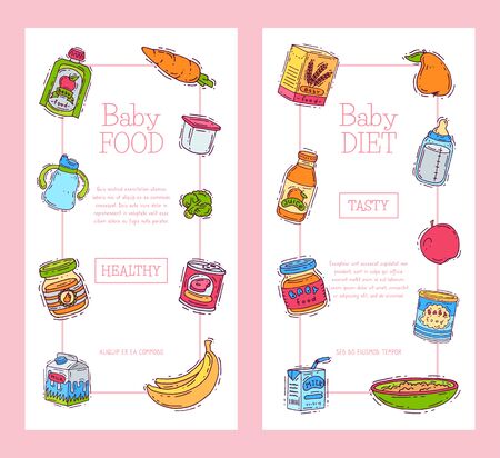 Baby food formula puree illustration. Nutrition for kids. Babies bottles and feeding. First meal product for infants and toddlers templates for vertical flyersのイラスト素材