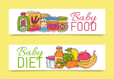 Baby formula food puree illustration. Complementary feeding and nutrition for kids. Babies bottles, jars and vegetables. First meal products for infants and toddlers templates for flyersのイラスト素材