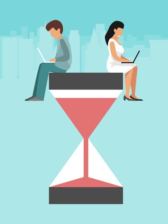 Business people with laptops sit on hourglass. Time management, office work concept. Businessmen works sitting on hourglasses.のイラスト素材