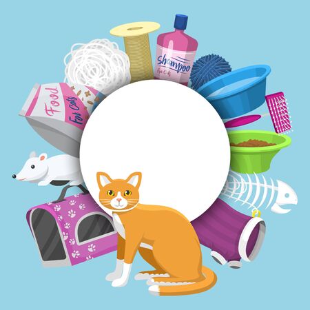 Pet care supplies illustration. Animal cares, food and toys for cat, toilet, carrier and equipment for grooming pets located around place for text. Accessories for catsのイラスト素材