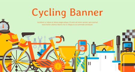 Bicycle uniform and sport accessories banner illustration. Bike activity, cycling accessory and sports equipment, competition races for banners, landing and web pages.のイラスト素材