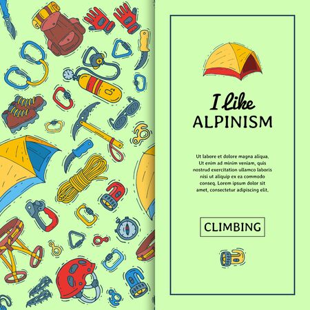 Alpinism equipment seamless pattern illustration. Mountain climbing, hiking and mountaineering cartoon symbols. Icons of hiker adventuresのイラスト素材