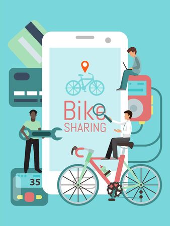Bicycles sharing system phones app illustration. Service for rent bikes in the city. Big mobile phone with bicycle share application. Repair, online pay.のイラスト素材