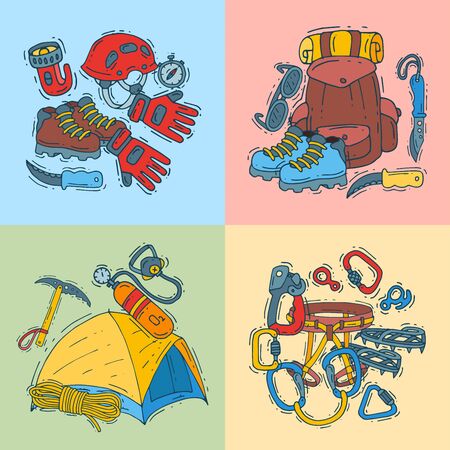 Hiking equipment illustration. Hiker adventures invitation cards or flyers templates. Mountain climbing, alpinism and mountaineering symbols.のイラスト素材