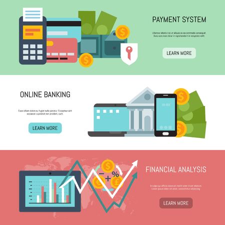 Online banking, payment system and financial analysis illustration. Web banners of on line payments, bank funds and business transactions template for landing pages and sitesのイラスト素材