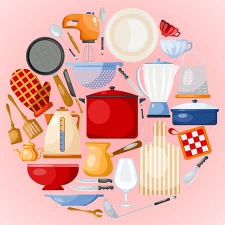 Kitchen utensils and tool round illustration set. Kitchenware for cooking. Glass, porcelain and enamelware. Cartoon style utensils and toolsのイラスト素材
