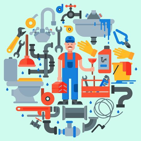 Plumbing service round illustration. Professional plumber man is standing surrounded by accessories, tools and equipment.のイラスト素材