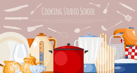 Kitchen utensils and cooking banner illustration. Kitchenware for cooking, glass, porcelain and enamelware. Cartoon style utensil for web banners, chefs courses.のイラスト素材