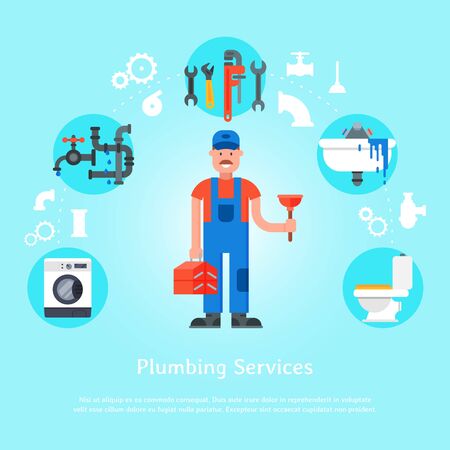 Plumbing services web banner illustration. Professional plumber man with tool case and plunger is surrounded of sink, faucet and pipes, toilet and wash machine.のイラスト素材