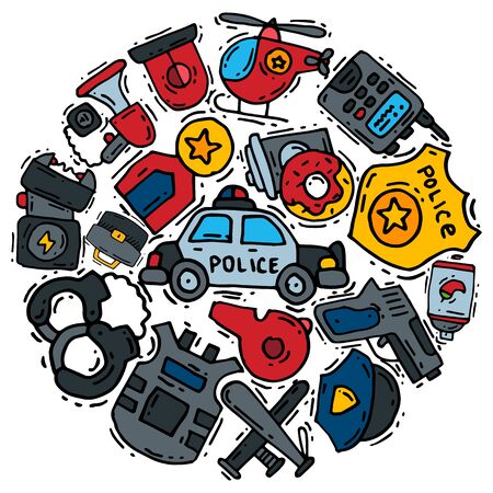 Police symbol justice icons round set illustration. Collection of on-duty policemen signs, symbols of policing and justness.のイラスト素材