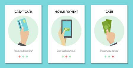 Different types of online payments. Credit cards payment, mobile phone and in cash. Phones applications banner set for on line business transactionsのイラスト素材