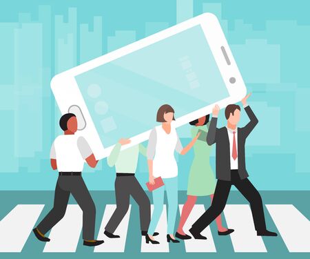 People carry huge cell phone illustration. Social media and smartphones addictions. Phones socially addictionのイラスト素材