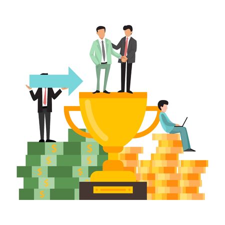 Businessman standing on big golden cup vector illustration. Gold award for business team. Teambuilding success conceptのイラスト素材