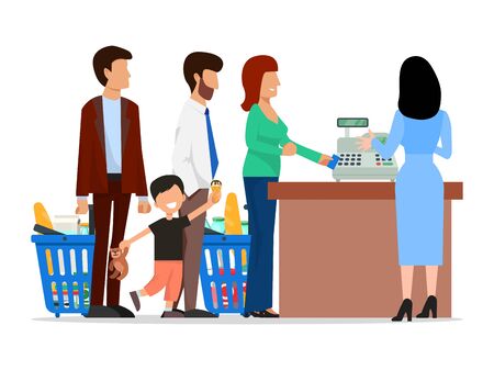 People standing in long queue in supermarket vector illustration. Families with children, persons with shopping baskets standing near cashier. Customers in queue in food storeのイラスト素材