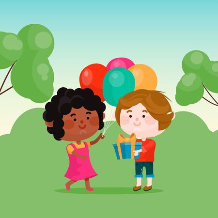 Little boy gives girl a gift. Birthday present, Smiling b with box and little girl holds balloons vector illustration.のイラスト素材